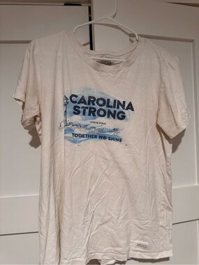 Life Is Good White Tee with Blue "Carolina Strong" Graphic